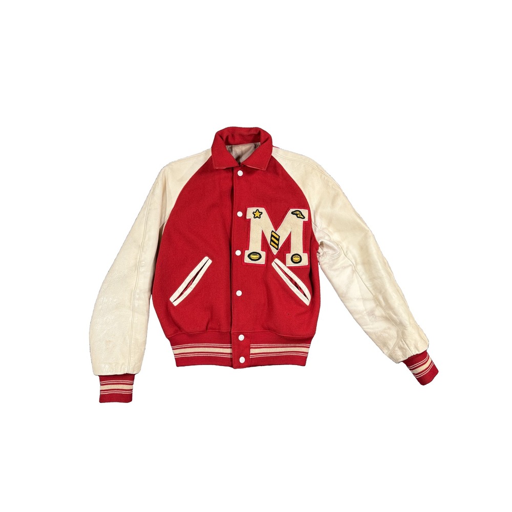 Vintage 50s Varsity Letterman Jacket M Red Wool Cream Leather Chenille Football